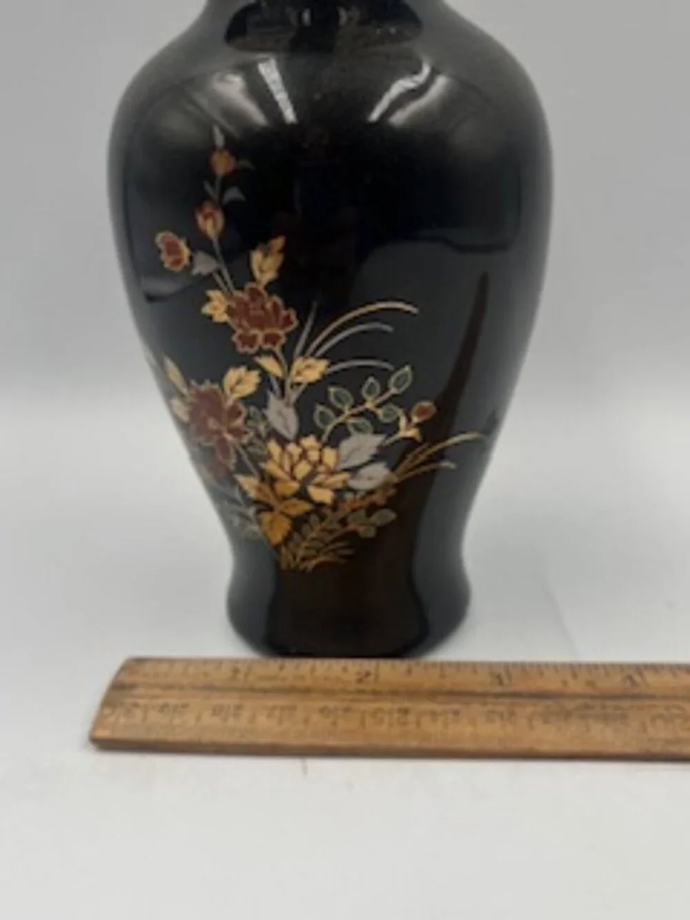 Vintage‎ Black Japanese Porcelain Vase floral Design Gold Trim